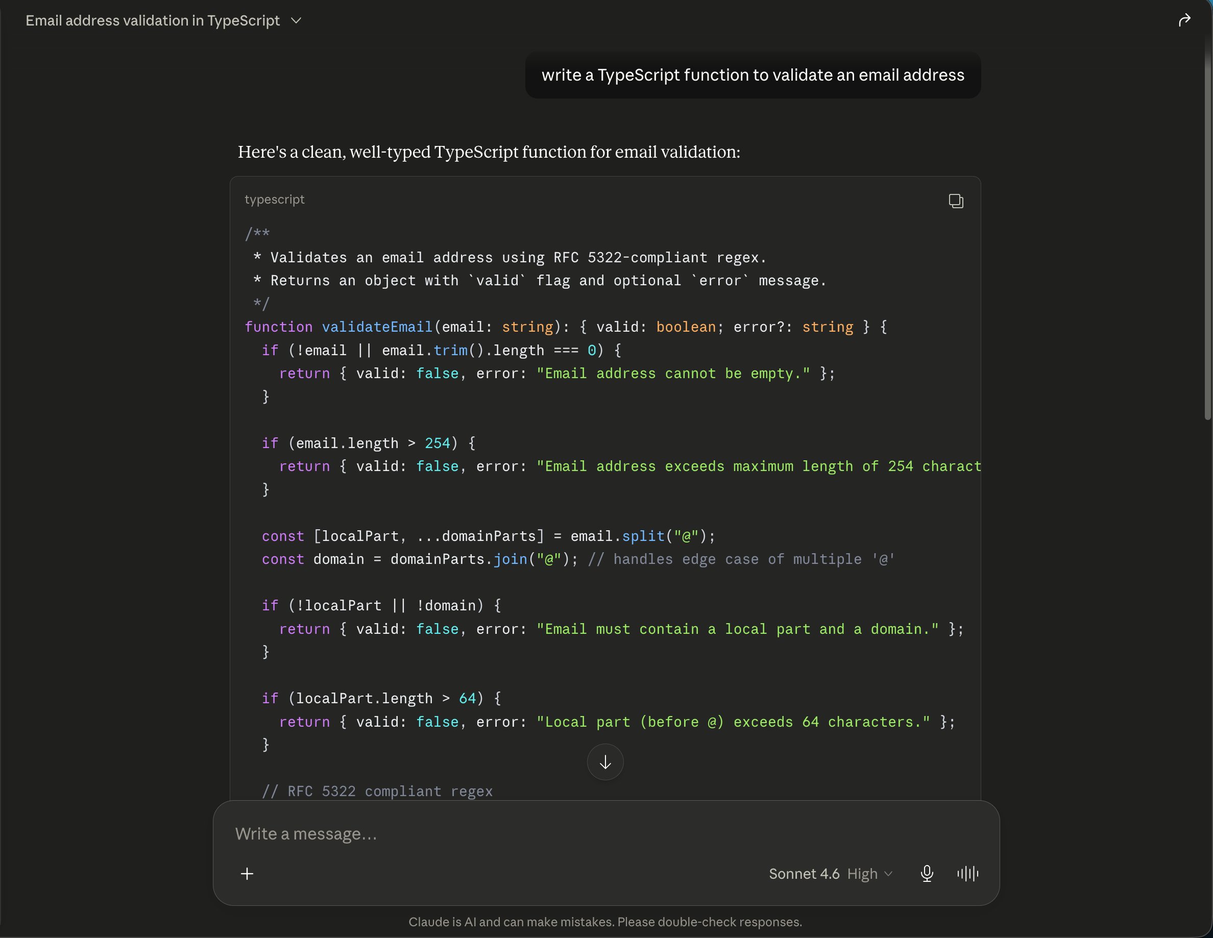 Claude Sonnet 4.6 - same TypeScript email validation task on claude.ai