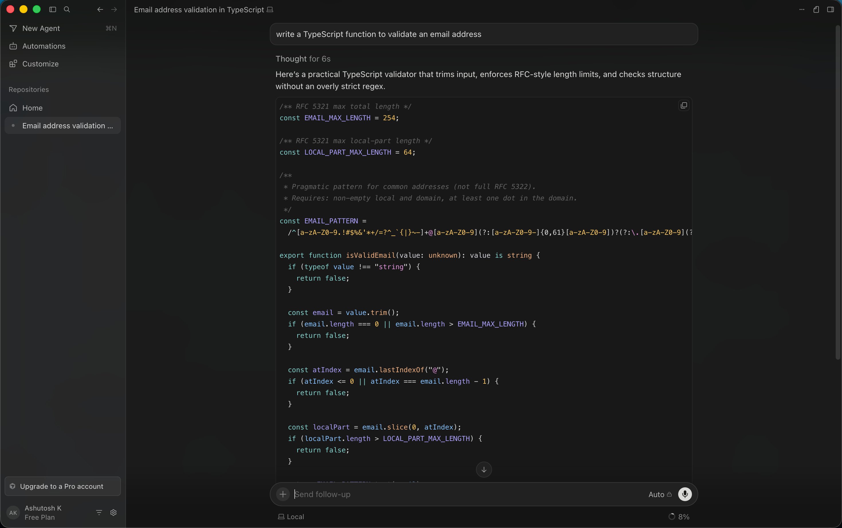 Cursor composer output - TypeScript email validation function, Auto mode