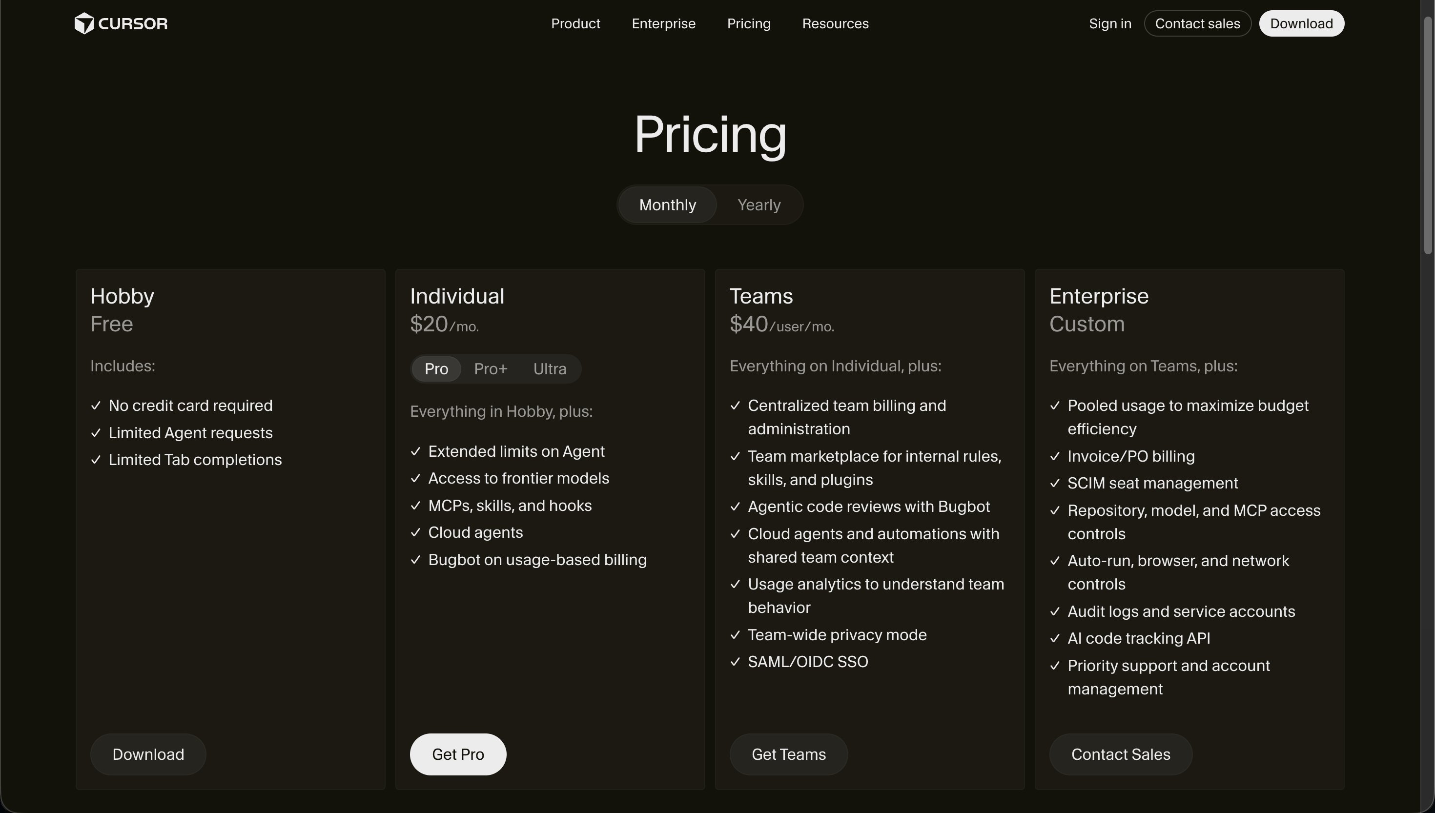 Cursor pricing 2026 - Hobby free, Individual Pro/Pro+/Ultra, Teams $40/mo