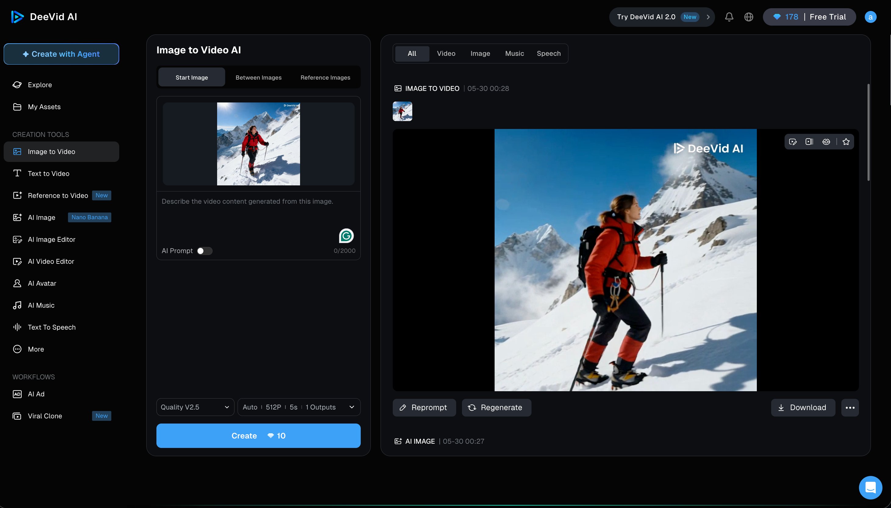 Image-to-video test: mountain climber still photo animated cleanly with Quality V2.5