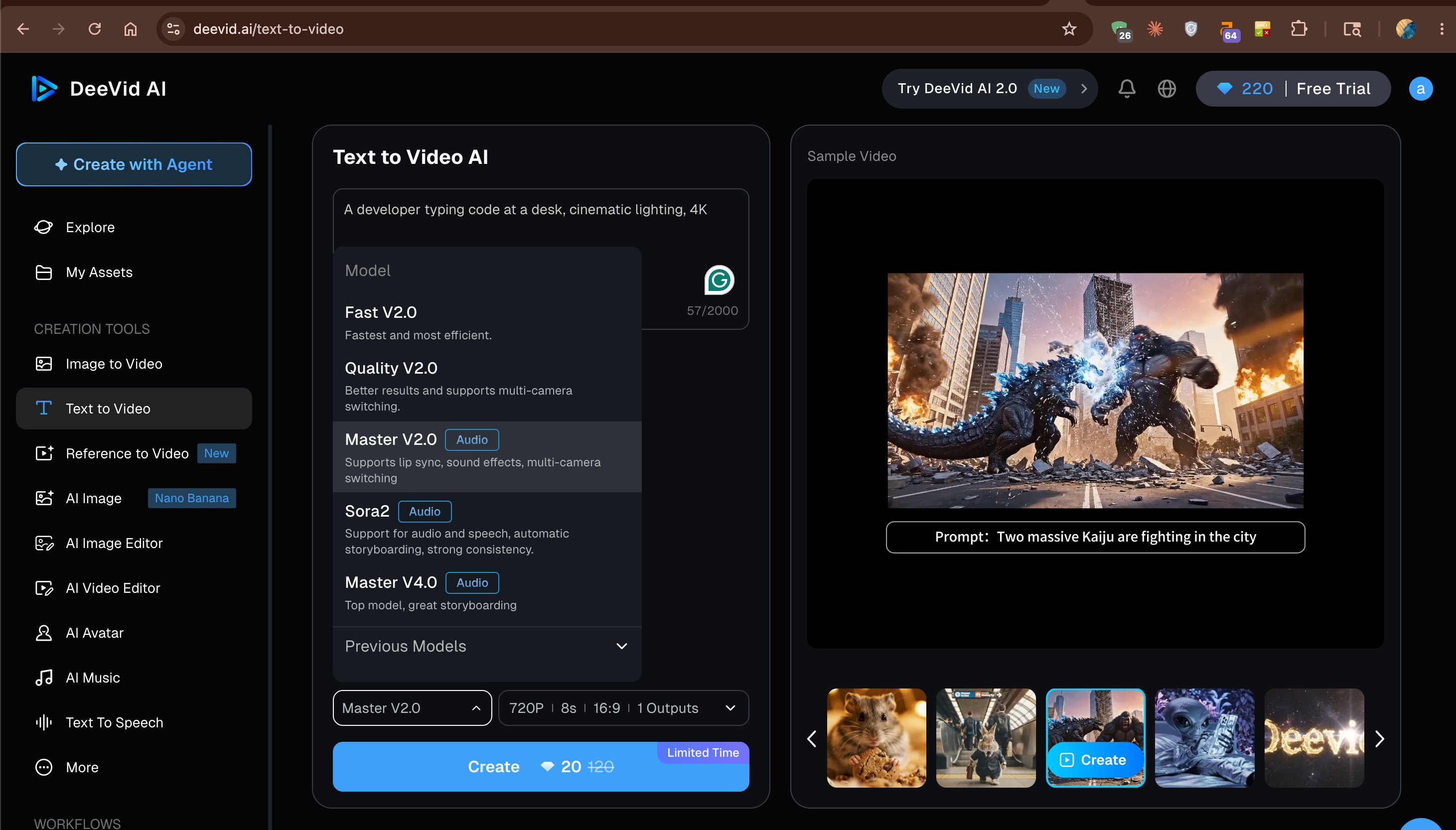 DeeVid AI pricing page — Lite $10, Pro $25, Premium $119 on annual billing
