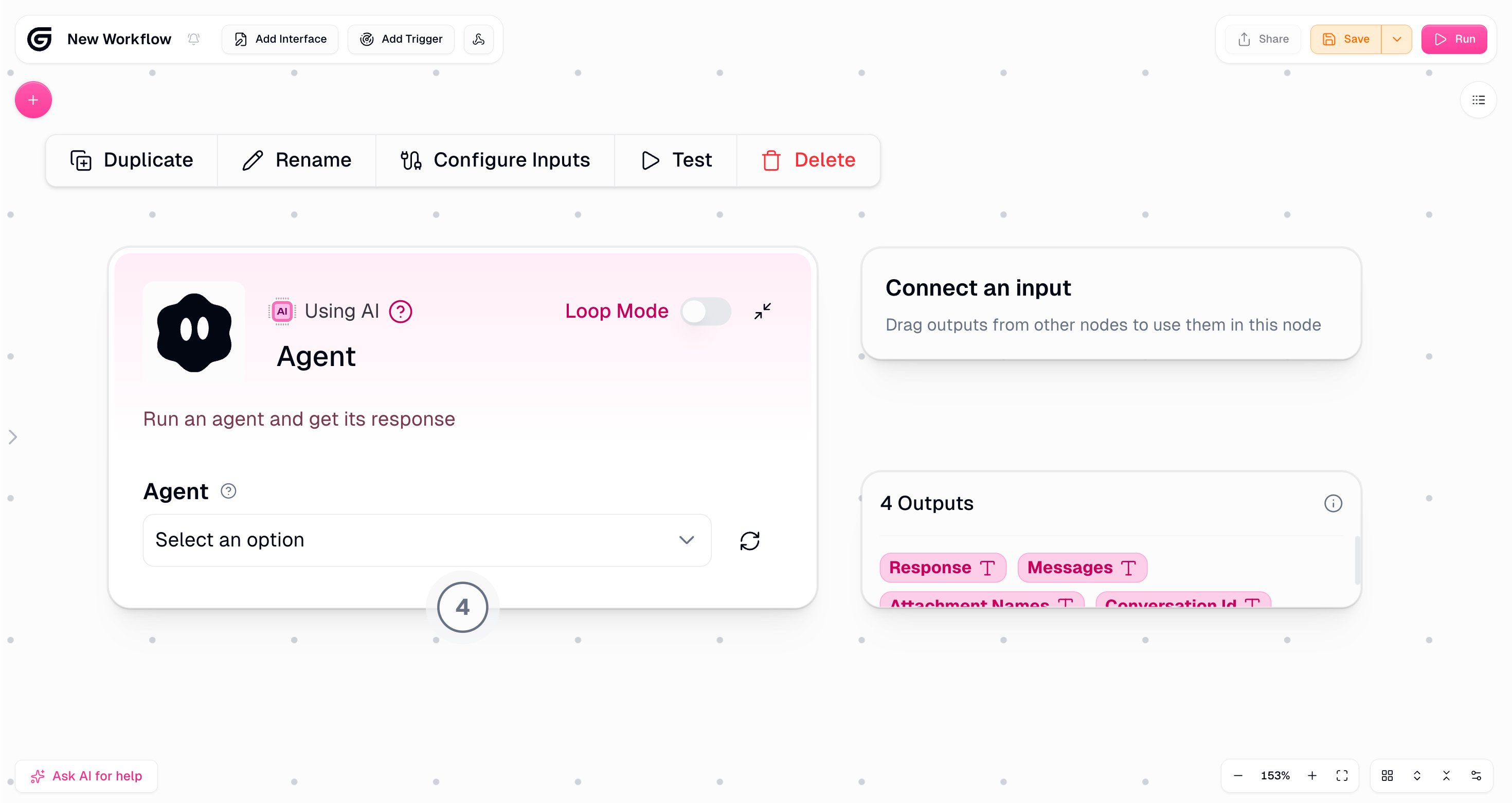 Gumloop Agent node with Loop Mode toggle and 4 outputs