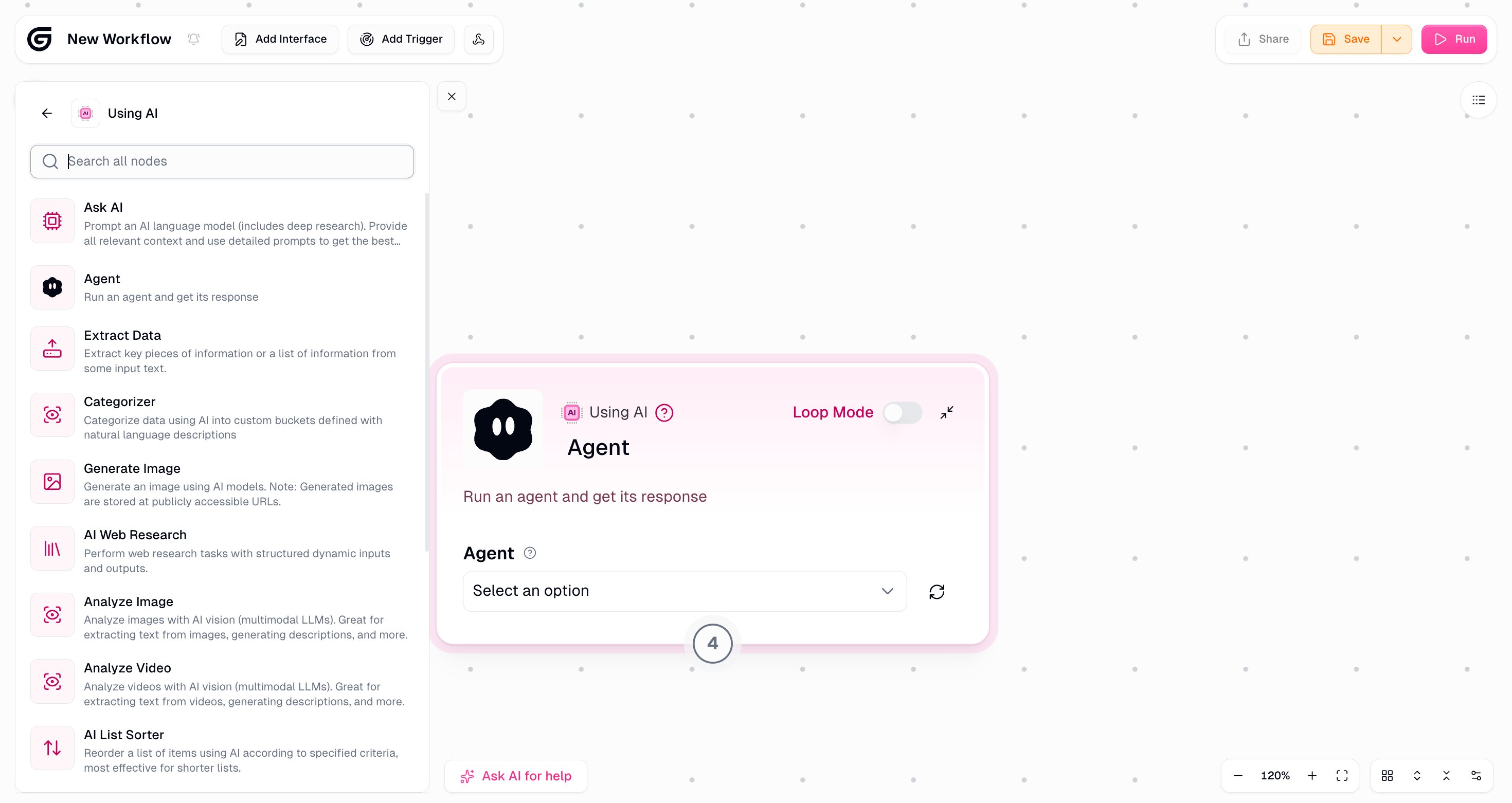 Gumloop AI nodes - Ask AI, Agent, Extract Data, Categorizer, Generate Image, AI Web Research