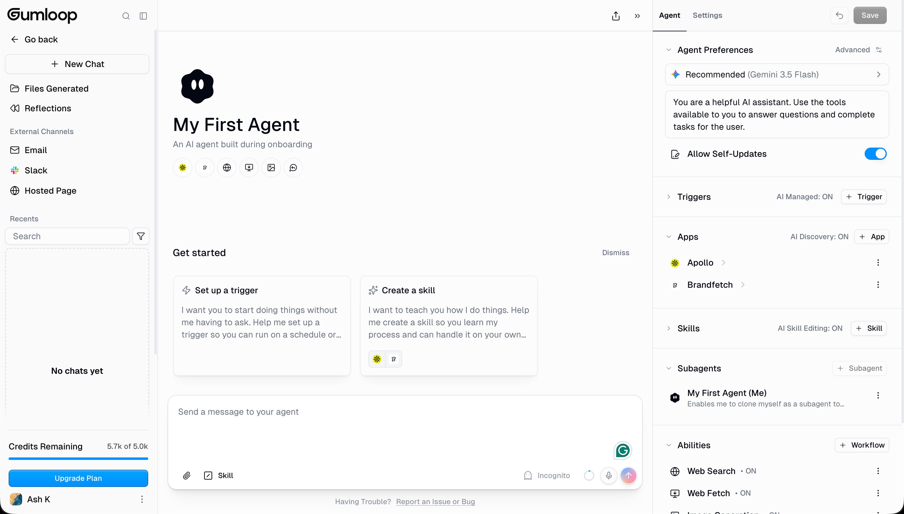 Gumloop Dashboard - 5.7k credits on free plan