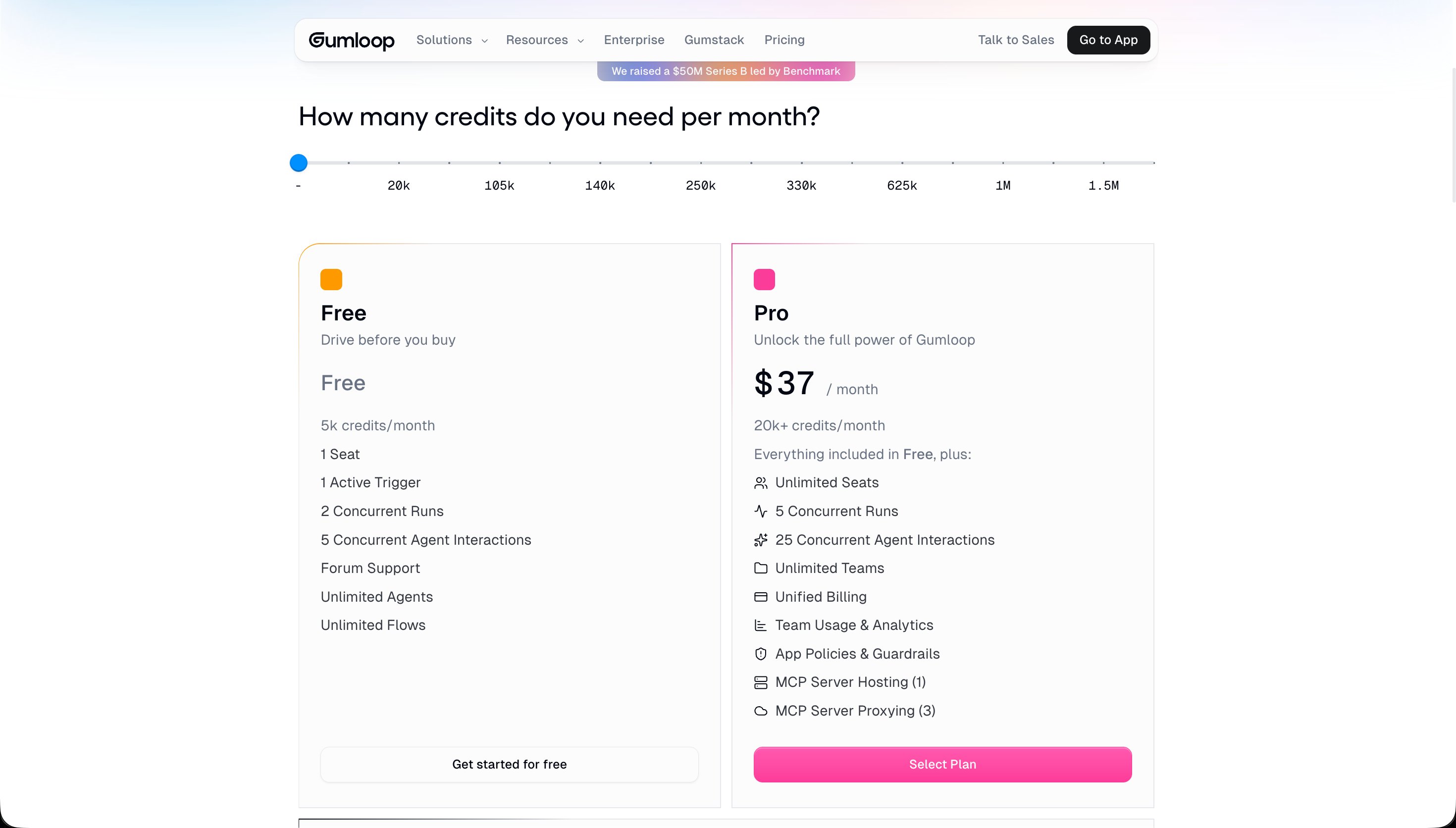 Gumloop pricing page - Free and Pro tiers