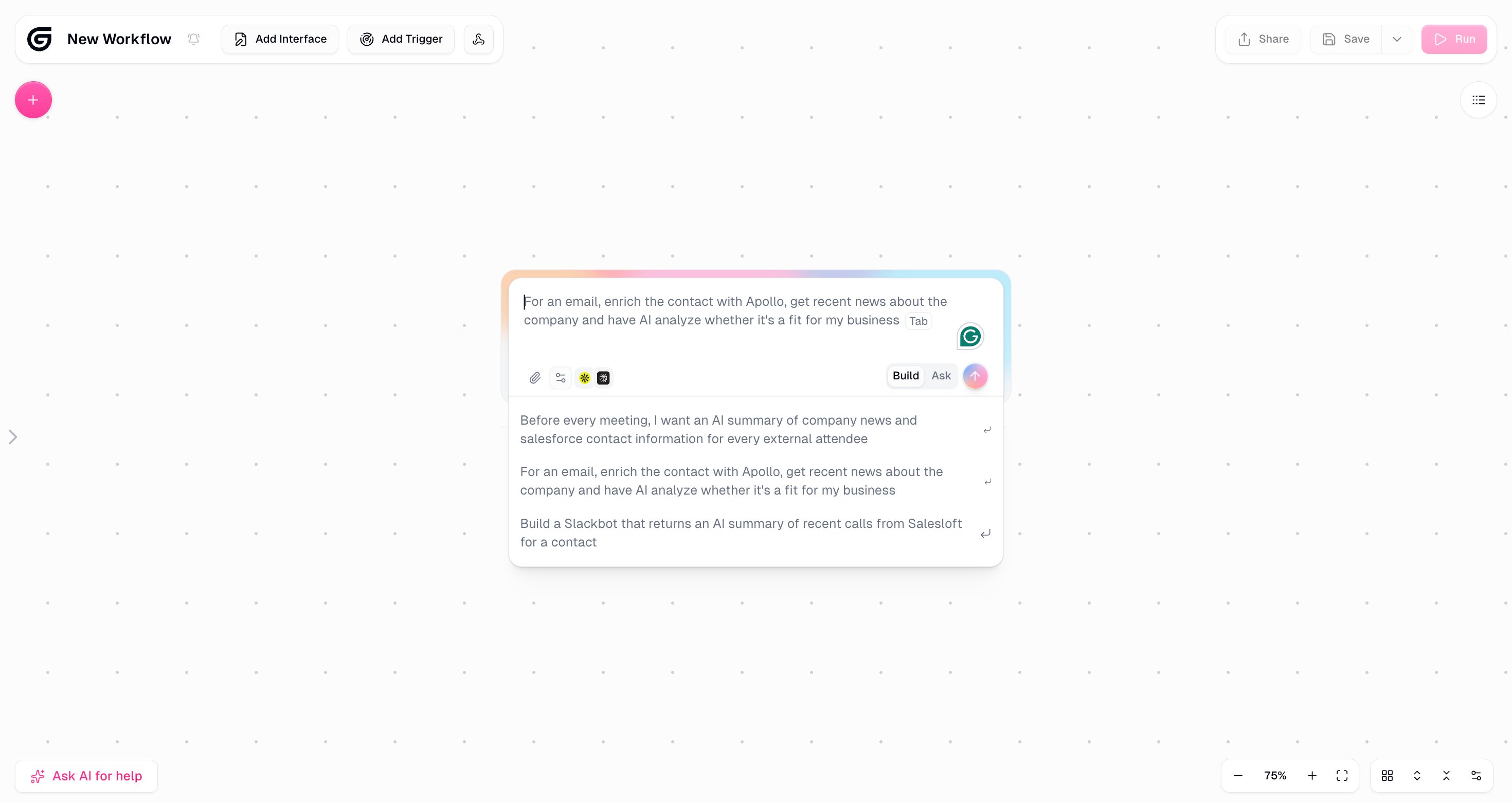 Gumloop workflow builder canvas with AI prompt examples