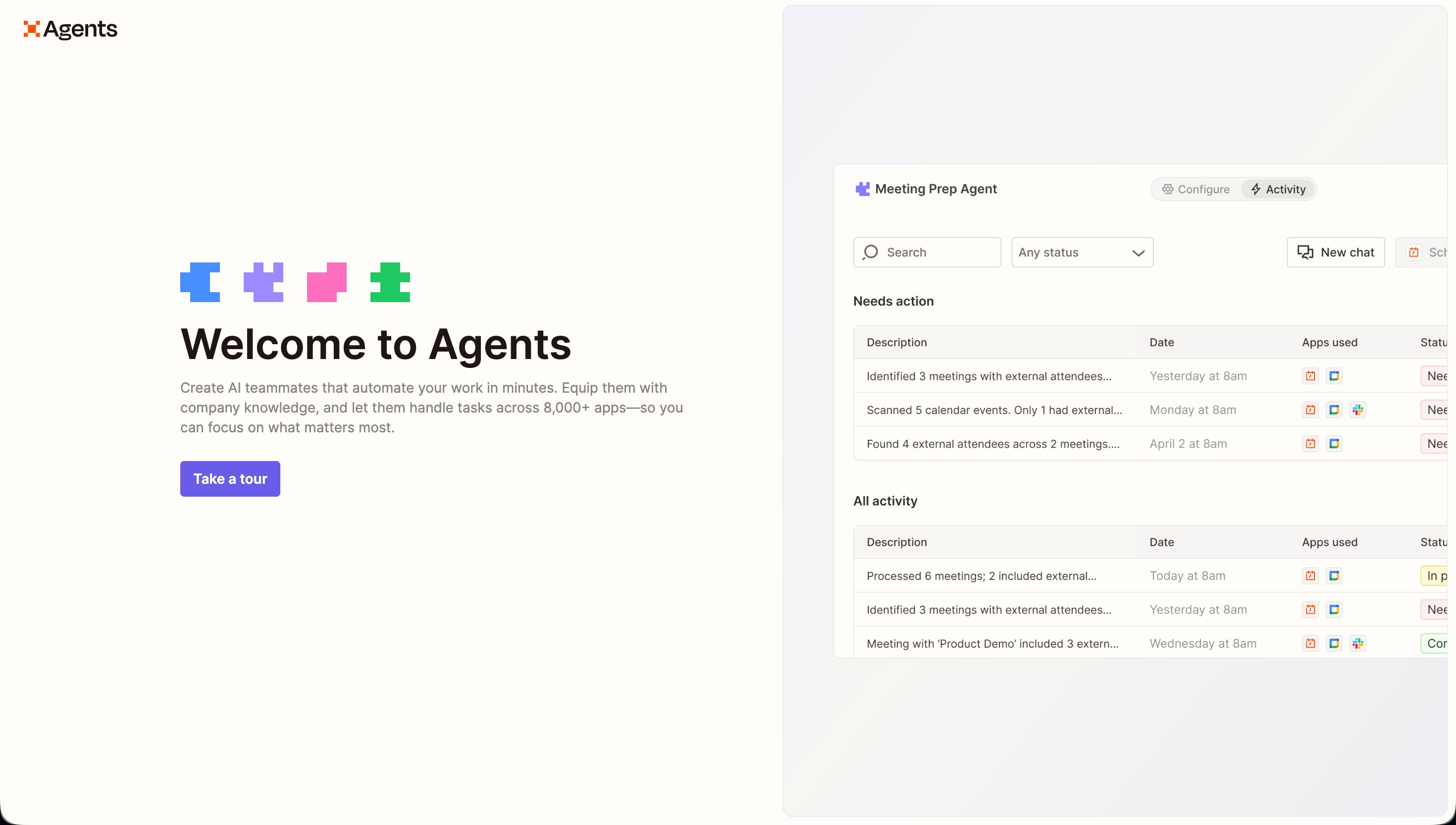 Zapier Agents welcome screen showing Meeting Prep Agent with real activity log