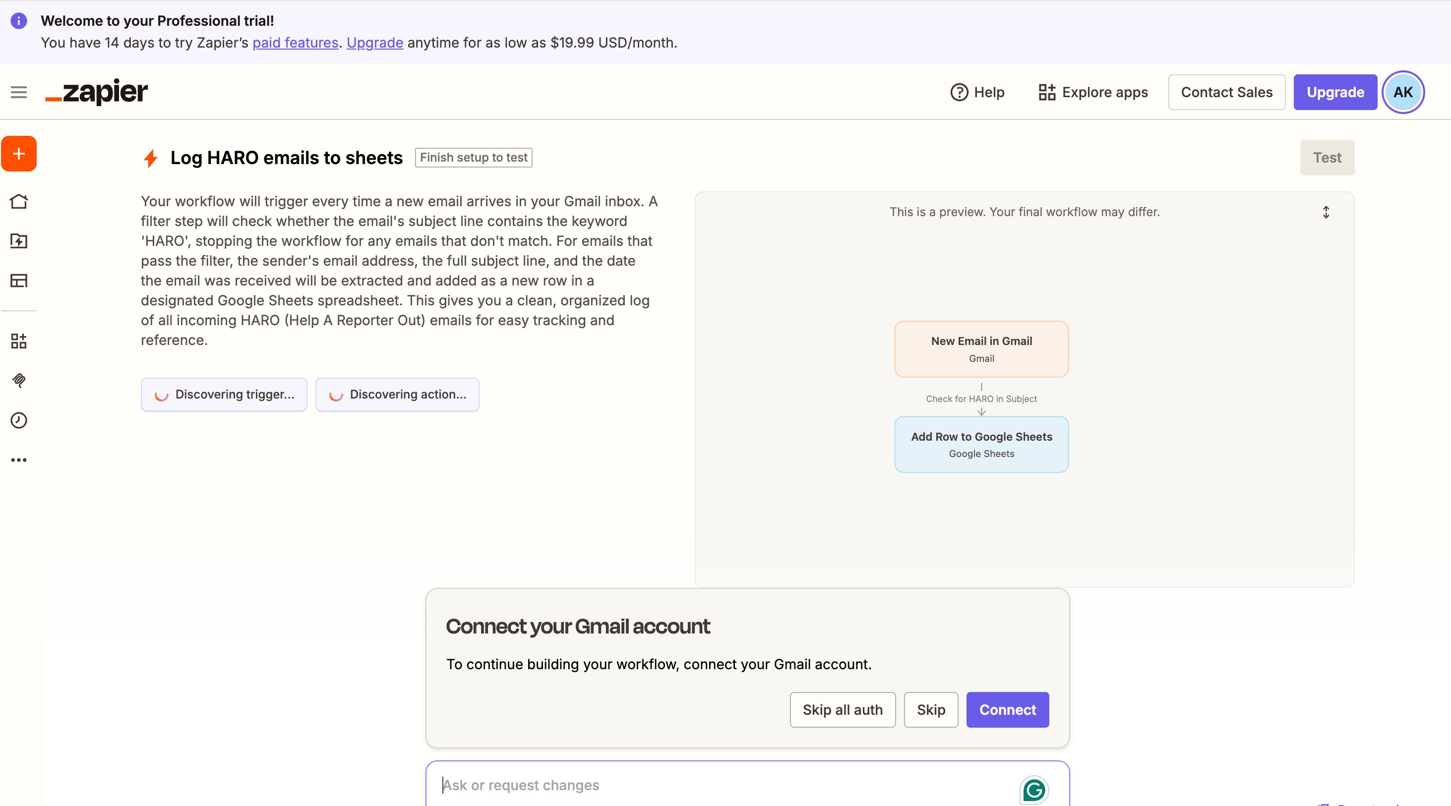 Zapier Copilot generating HARO email to Google Sheets workflow