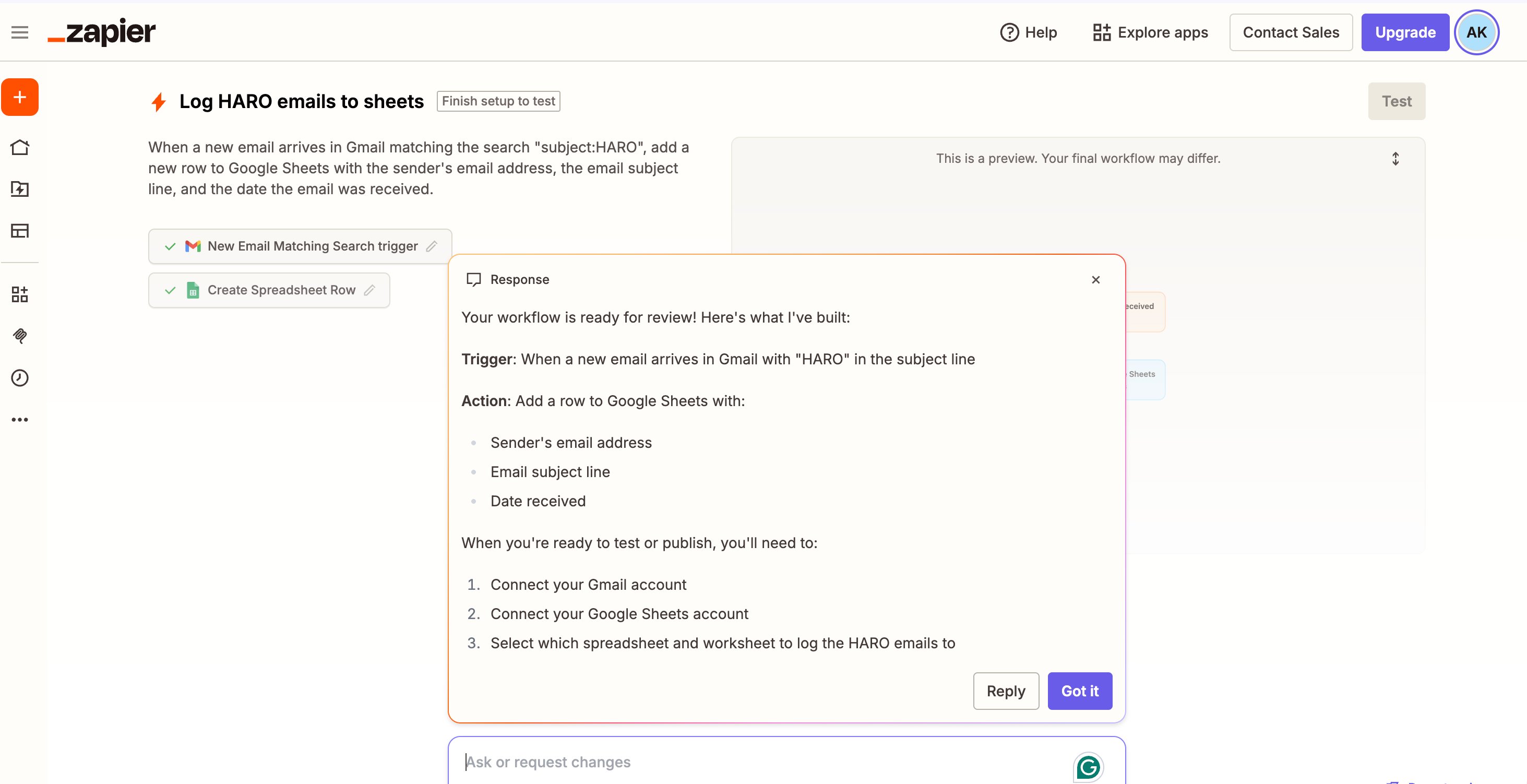 Zapier Copilot response - full workflow summary with trigger, action, and next steps