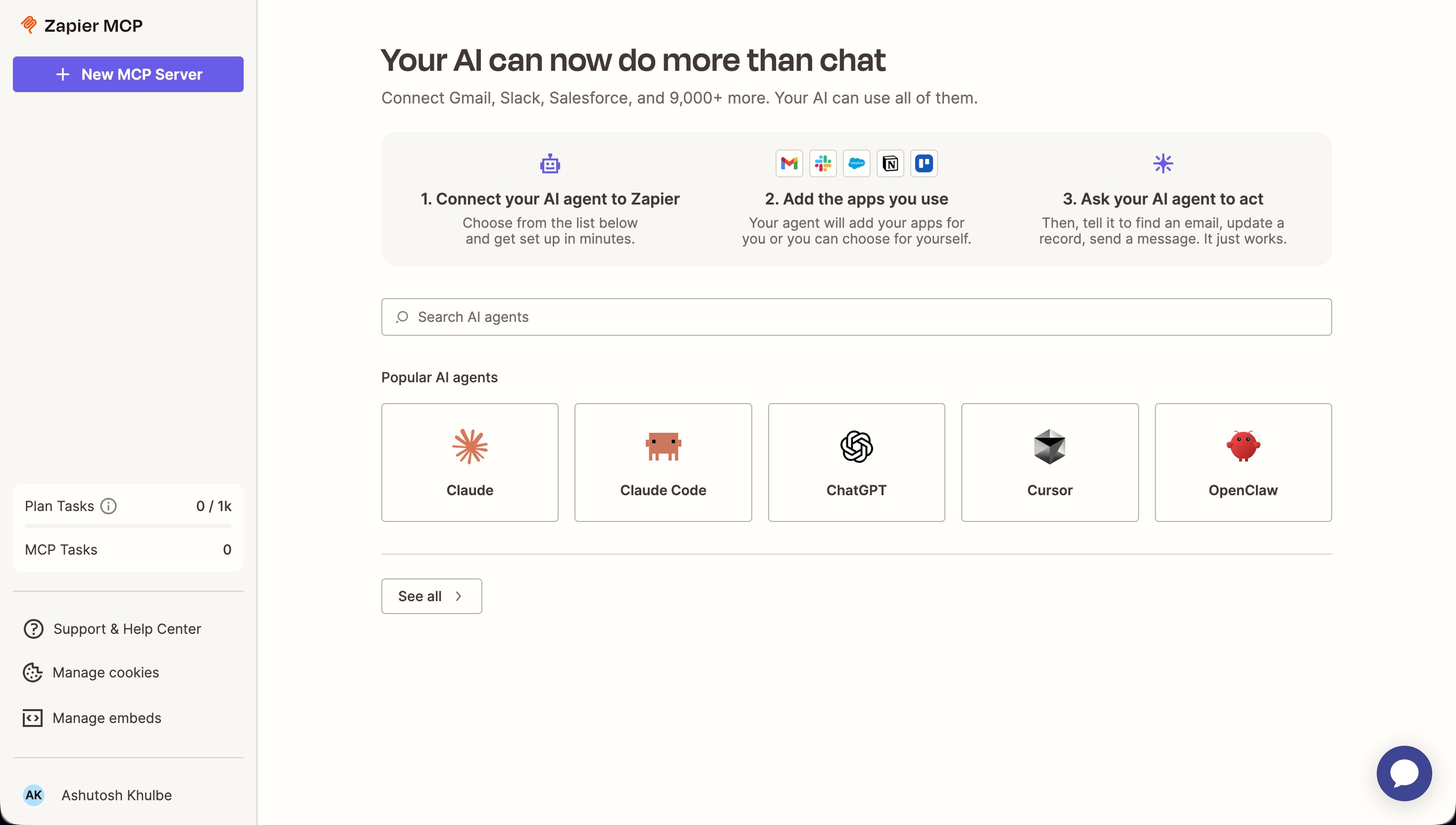 Zapier MCP screen showing Claude, Claude Code, ChatGPT, and Cursor as top AI agents