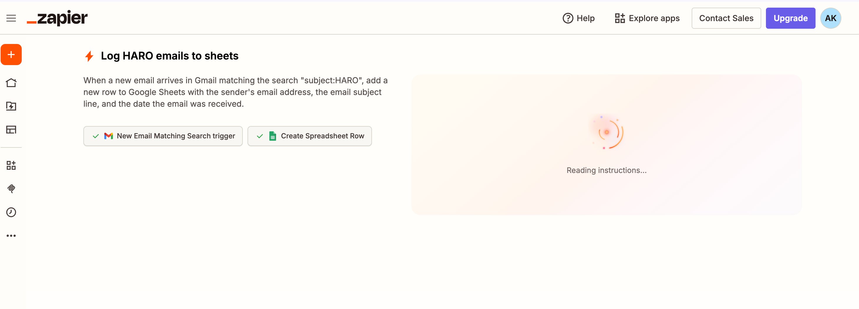 Zapier Zap editor canvas view - HARO email Zap with Copilot banner